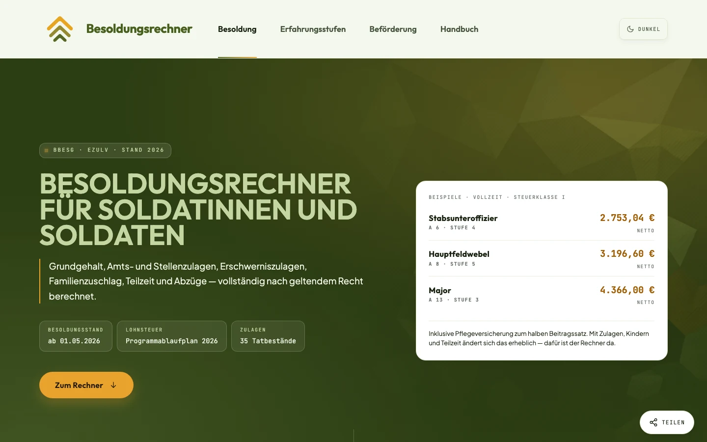 Desktop-Ansicht Soldatenbesoldung.de